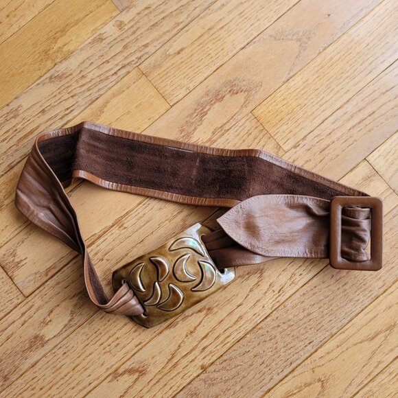 Vintage Brown Leather Belt w/ Ceramic Crescent Deco Buckle 34" - Picture 1 of 13